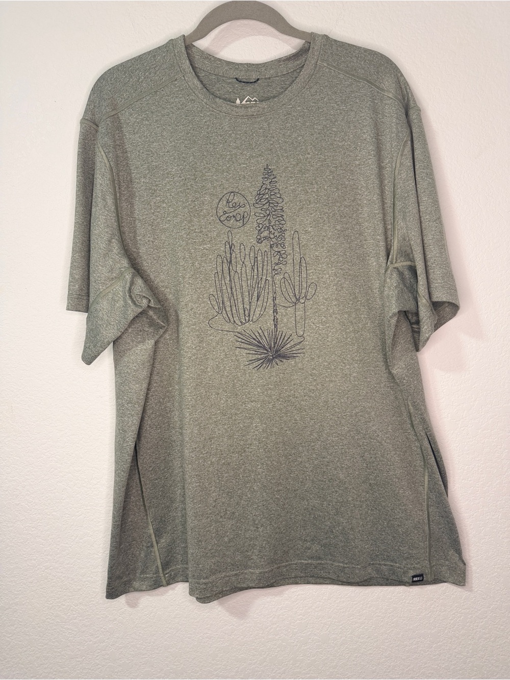 REI Olive Heather Short Sleeve Tee with Cactus Line Art
